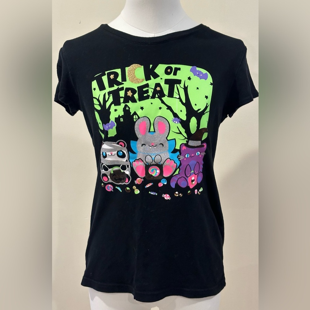 Glitter Halloween Black Multi Bright Color Trick Or Treat T Shirt Sz 14/…